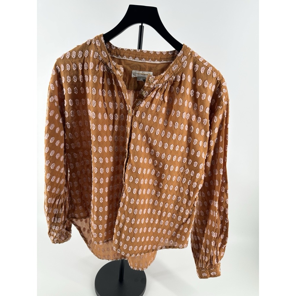 Anthropologie Pilcro Tavi Textured Button Blouse X-Small Rust w Pink Embroidery